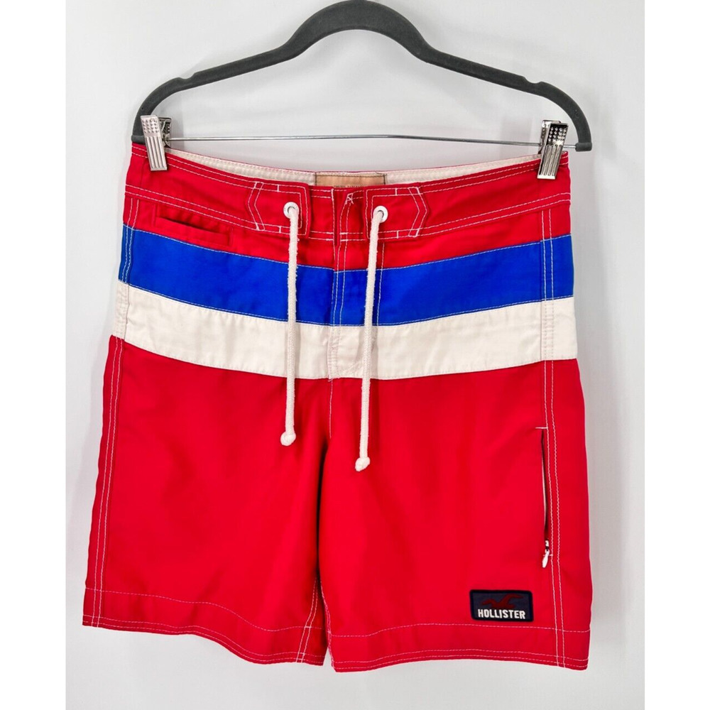 Hollister Swim Trunks Red Board Shorts Colorblock Drawstring Swimwear Mens Small